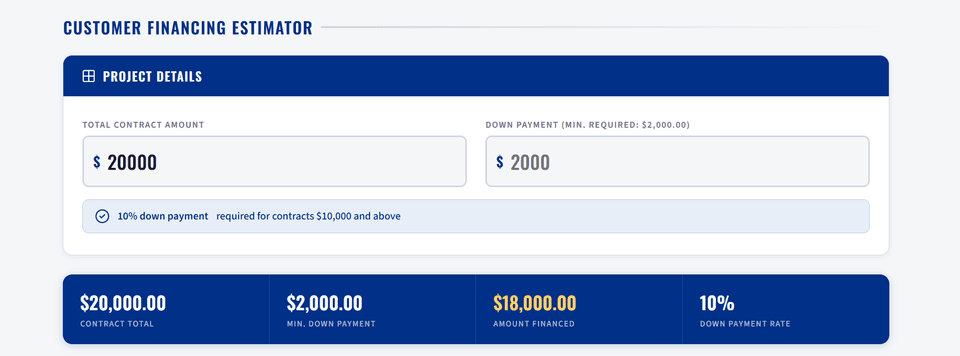 Customer Financing Calculator interface built by Kai Labs AI